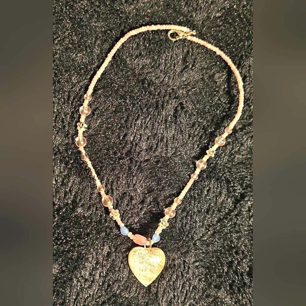 Pink Beaded Pressed Penny Pendant